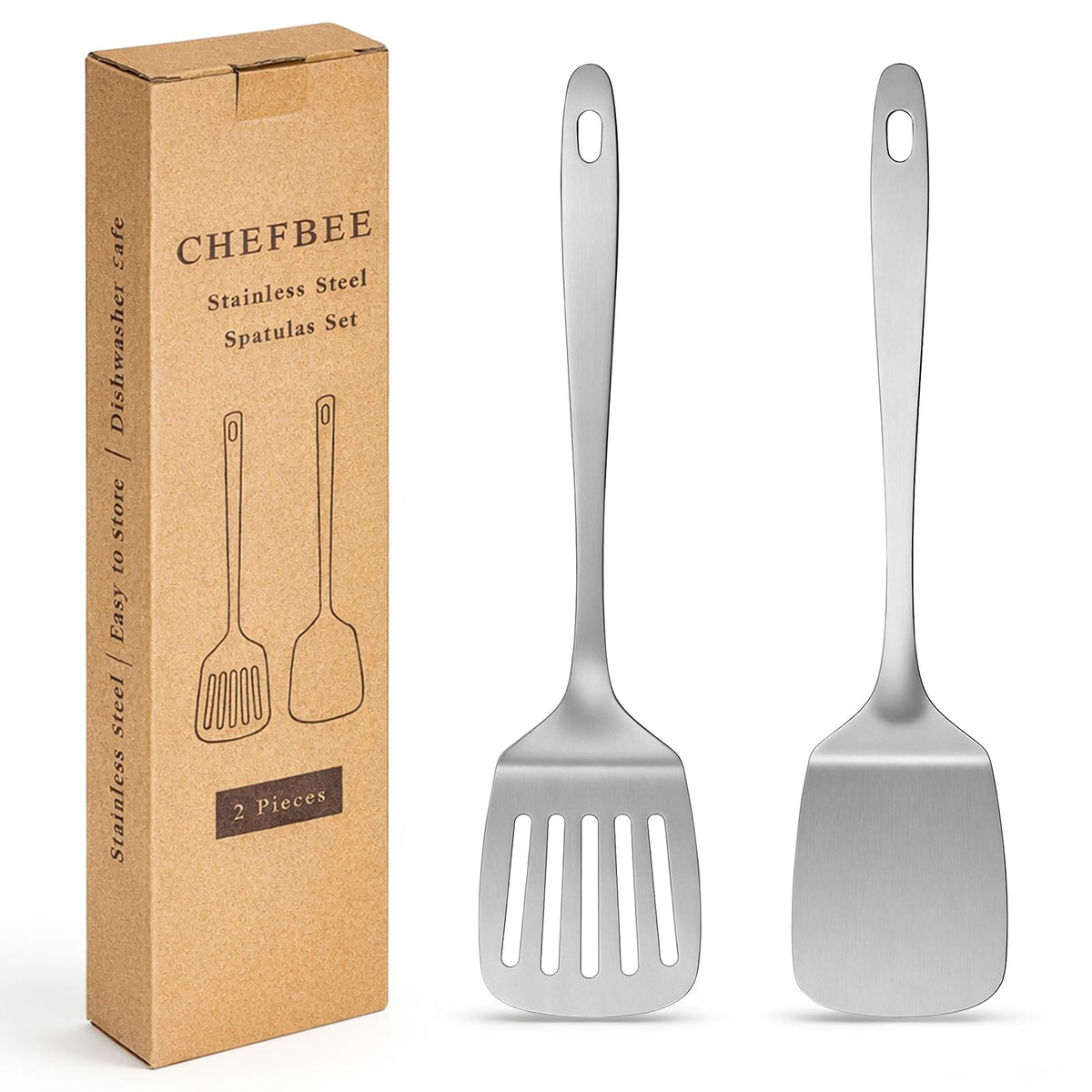 ChefBee 2PCS Stainless Steel Spatula Set, Solid & Slotted Turner | Heat Resistant, Heavy Duty Kitchen Utensils, Dishwasher Safe, For Flipping Fish Eggs Pancakes, Everyday Kitchen Cooking