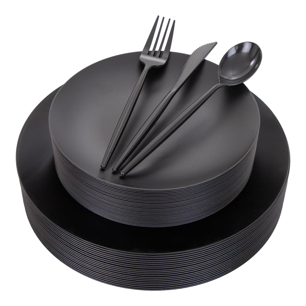 ejonirinjonir 150pcs Frosted Black Plastic Plates Plastic Plate for Wedding | Includes 30 Dinner,30 Dessert Plates and Sliverware Elegantes.Heavy Duty Black Disposable Plates Excel at Party and Banquets.