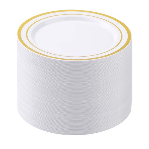 BESTSTAR 100PCS White Plastic Plates for Party | 10.25 Inch Disposable Plates with Gold Rim, Heavy Duty Dinner Plates for Party, Wedding and Birthday