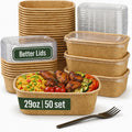 50 Pack 29oz Disposable Meal Prep Containers with Lids, Paper Food Bowls | Microwave & Freezer Safe, Leak-Resistant, Stackable, With Forks, For Soup, Salad, Pasta, Rice, Lunch, To Go, Take-Out, Office