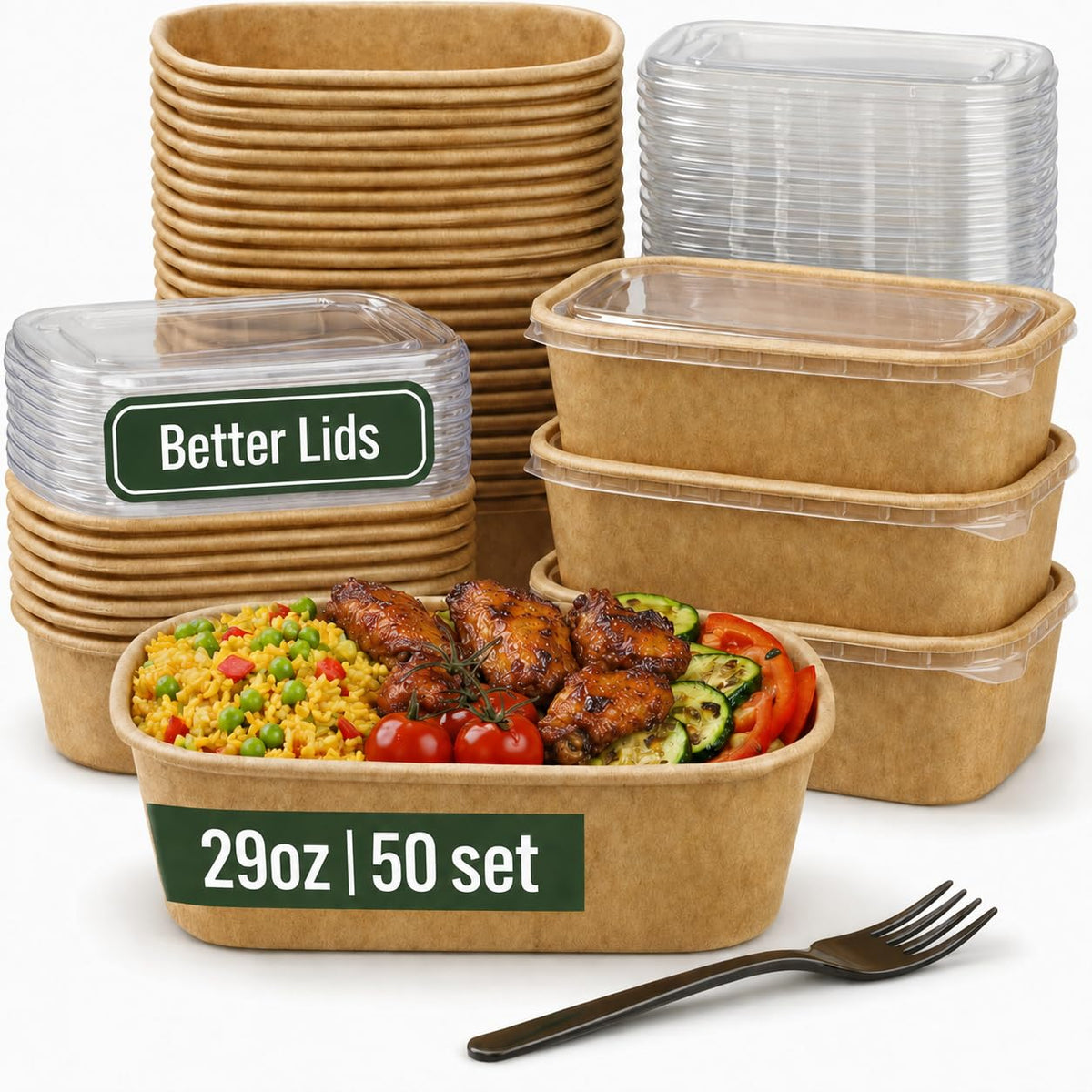 50 Pack 29oz Disposable Meal Prep Containers with Lids, Paper Food Bowls | Microwave & Freezer Safe, Leak-Resistant, Stackable, With Forks, For Soup, Salad, Pasta, Rice, Lunch, To Go, Take-Out, Office