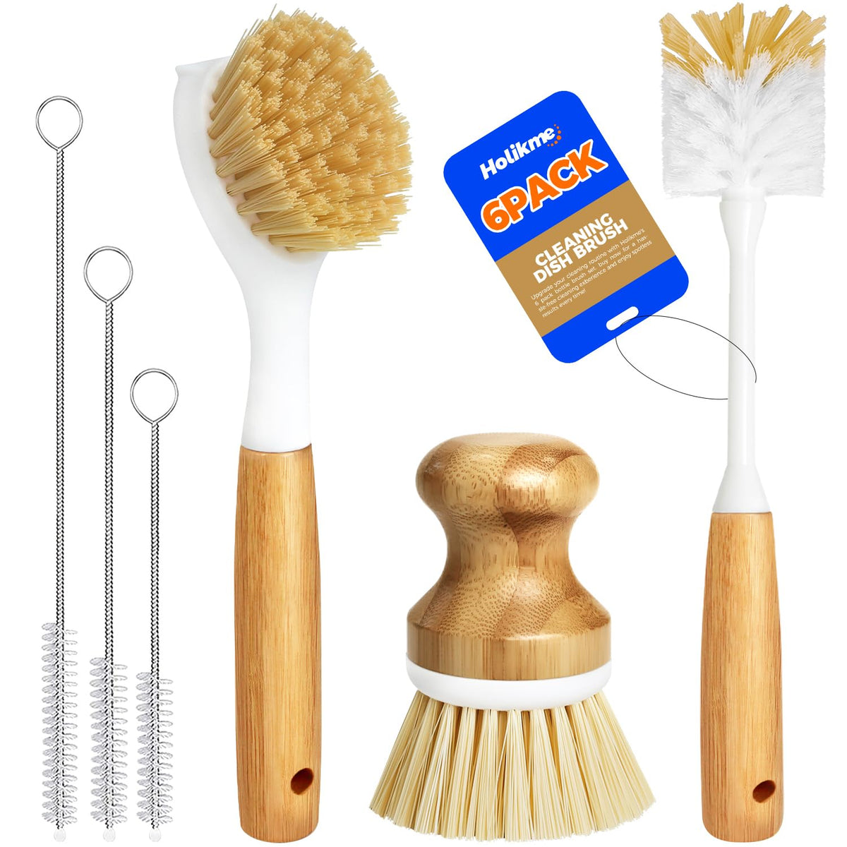 Holikme 6 Pack Dish Brush with Bottle Brush Scrub Brush Straw,Yellow | Dish Brush, Palm Scrub Brush and Straw Brush, Dish Scrubber Long Handle for Dish Bottle Cup Skillet Wok Pot Pan Cast Iron