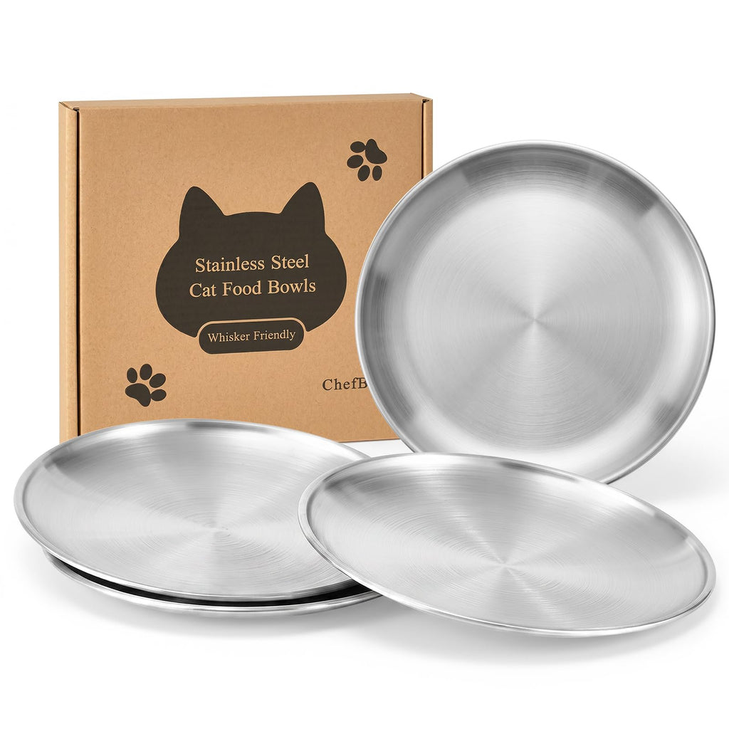 ChefBee 4PCS 6.7" Stainless Steel Shallow Cat Bowls, Whisker Friendly | Flat Shallow Wide Design, Food & Water Dishes, Easy to Clean, For Indoor Cats, Kittens & Multicats, Pet Feeding Plates