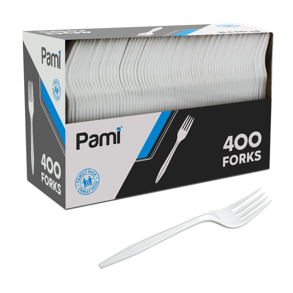 PAMI Medium Weight Disposable Plastic Forks,White,Bulk Pack for Parties,400