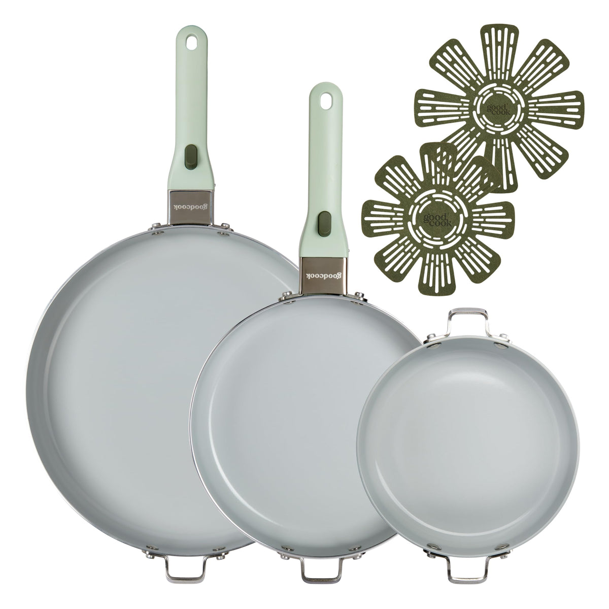 GoodCook Ceramic Cookware Set 7-Piece with Removable Handles, Induction Compatible Fry Pans, Nonstick and Oven Safe, Sage Green