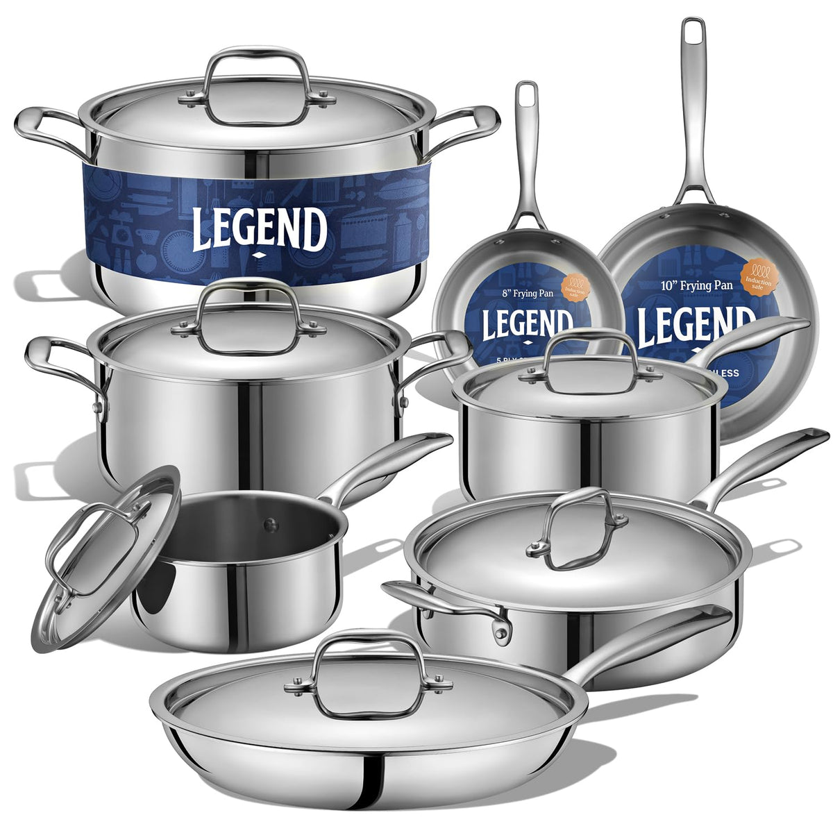 LEGEND COOKWARE 5-Ply Stainless Steel Cookware Set, 14-Piece Pots and Pans Set - Induction Compatible, Oven Safe 800°F - Non-Toxic, No Coatings - Built to Last Generations