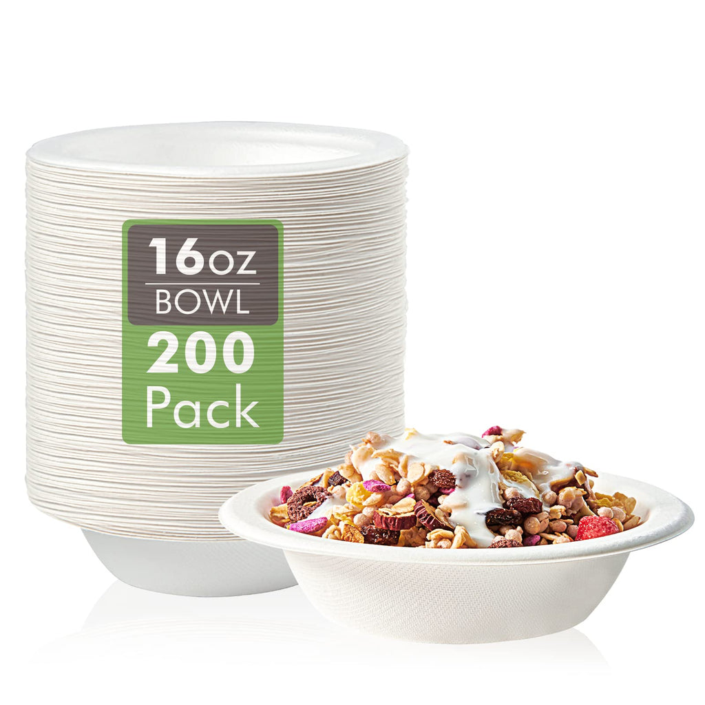Vplus 200 Pack 16 OZ Compostable Paper Bowls, Bagasse Bowls，White | Disposable Compostable Bowls Bulk, Eco-friendly Bagasse Bowls, Heavy-duty Bowls Perfect for Milk Cereals, Snacks, Salads