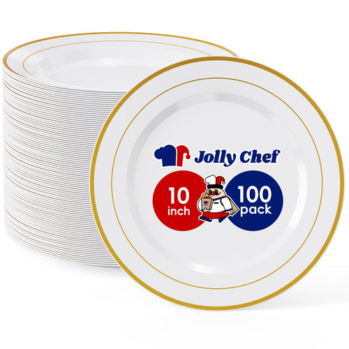 100PCS Plastic Plates 10 Inch Heavy Duty Disposable Plates for Everyday Use | White Disposable Plastic Plates with Gold Rim for Weddings, Parties, Christmas, Birthdays and Events