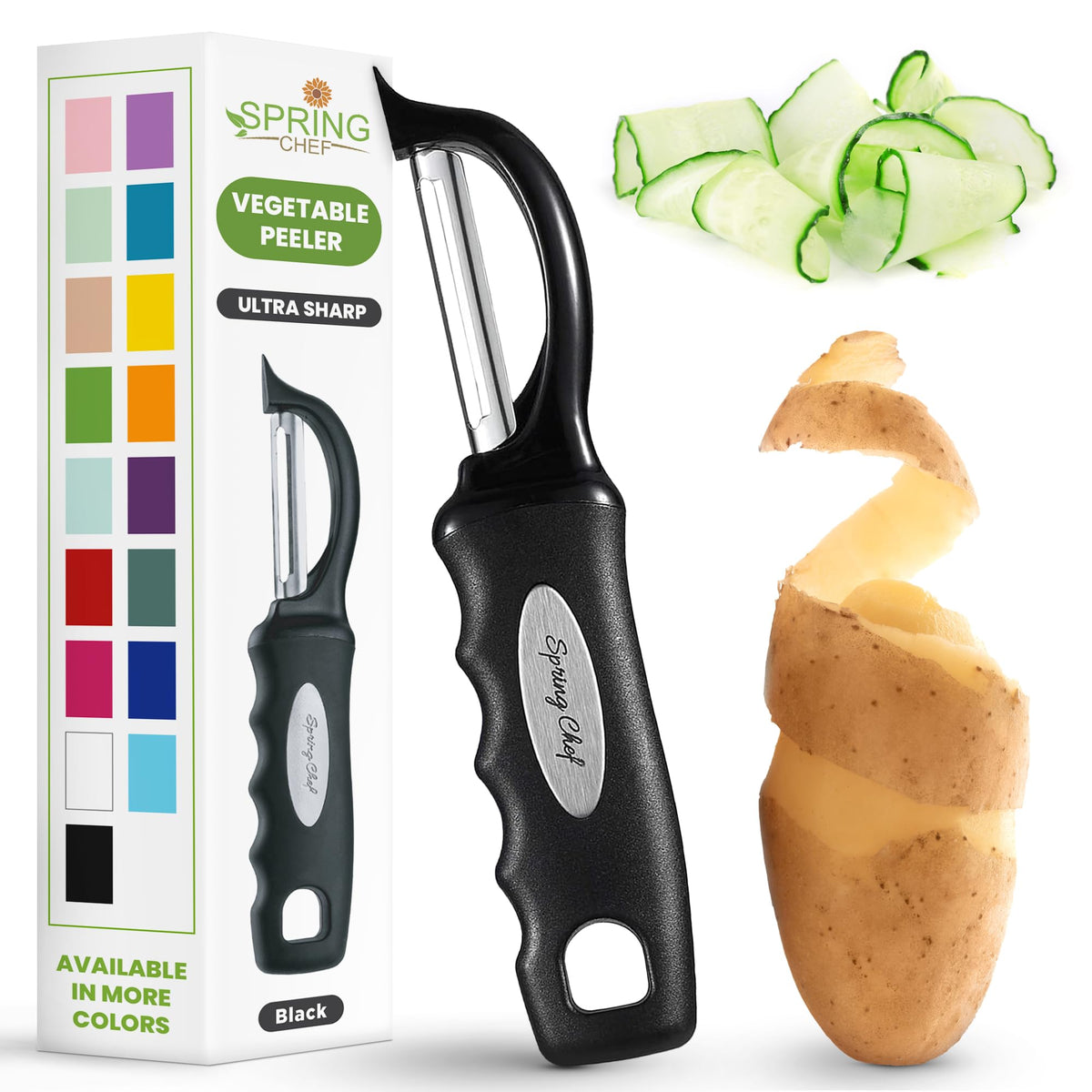 Spring Chef Original Swivel Vegetable Peeler with Soft Grip Handle, Black | Premium Potato Peeler w/ Ultra Sharp Stainless Steel Blades, Multifunctional Veggie Peeler for Apple, Carrot, Cucumber, Fruit