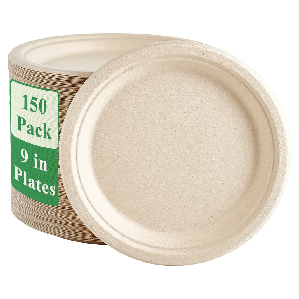 Vplus 150 Pack Compostable Bagasse Paper Plates 9 inch, Nature | Super Strong Paper Plates, 100% Bagasse, Natural Biodegradable, Perfect for Dinner, Gathering, and Picnic
