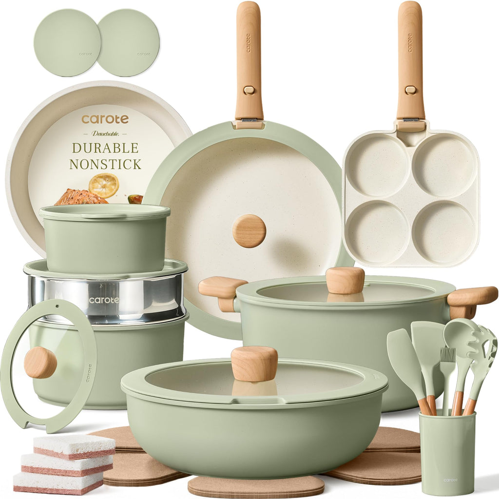 CAROTE 33pcs Pots and Pans Set Non Stick, Detachable Handle Cookware, Green