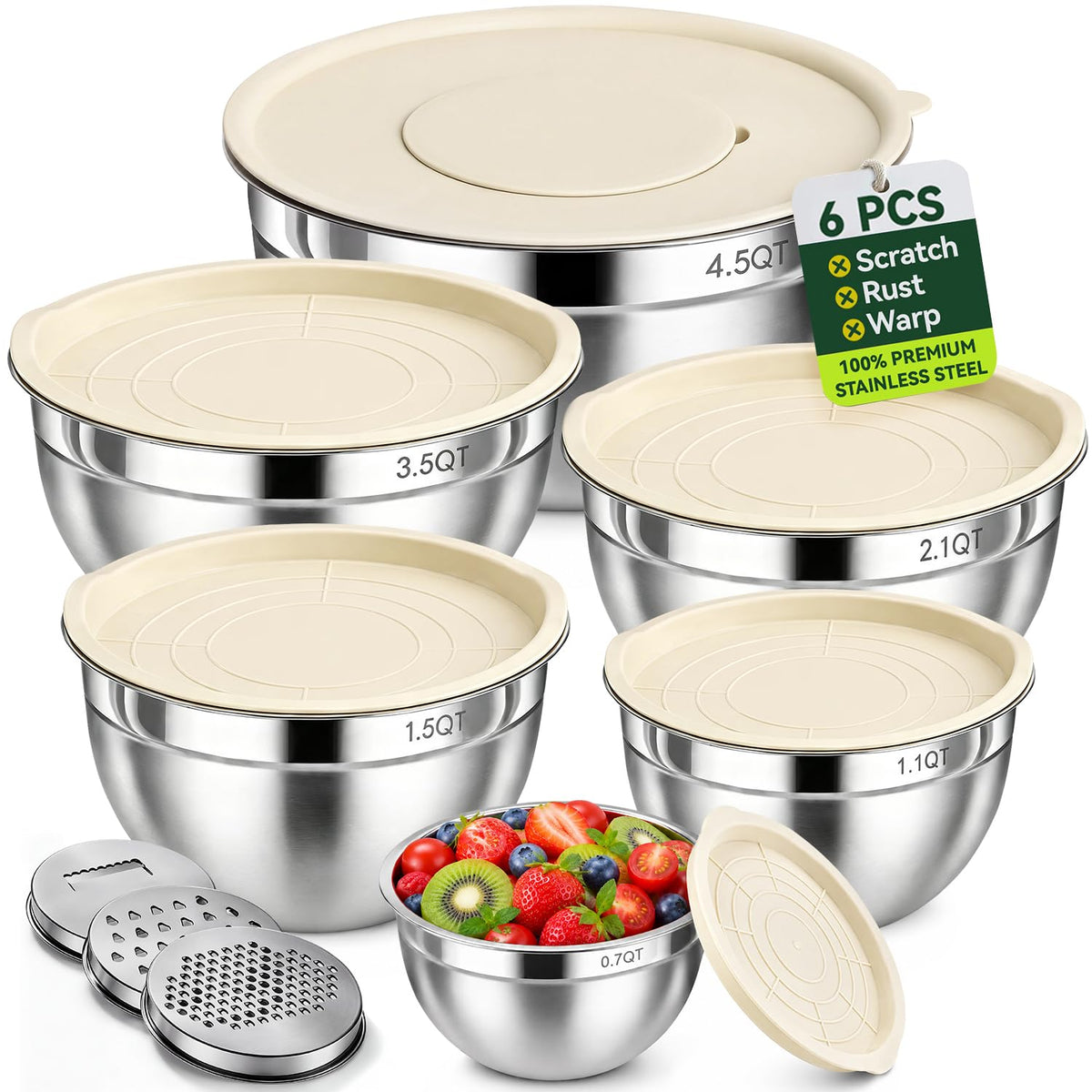 RFAPPMV Stainless Steel Mixing Bowls: 6-Piece Prep & Storage Set with Lids | Heavy-Gauge Anti-Warp - 0.7/1.1/1.5/2.1/3.5/4.5 QT Stainless Steel Bowls for Mixing & Serving - Stackable Set Saves 70% Space
