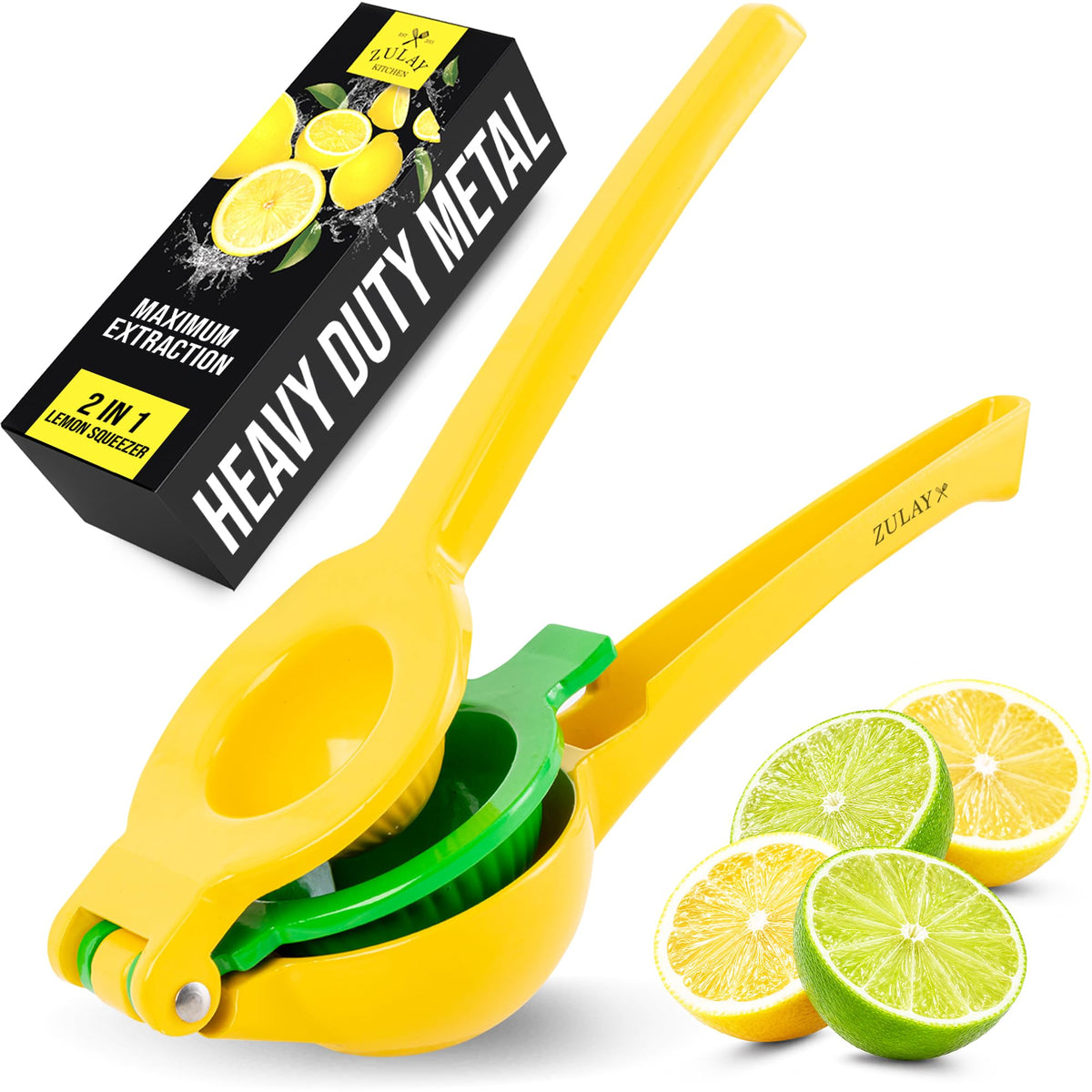 Zulay Kitchen Metal 2-in-1 Lemon Lime Squeezer, Juicer Handheld - Yellow | Citrus Juicer, Lemon Press Manual, Stainless Steel, Max Extraction Hand Juicer Gets Every Last Drop, Easy to Clean & Use