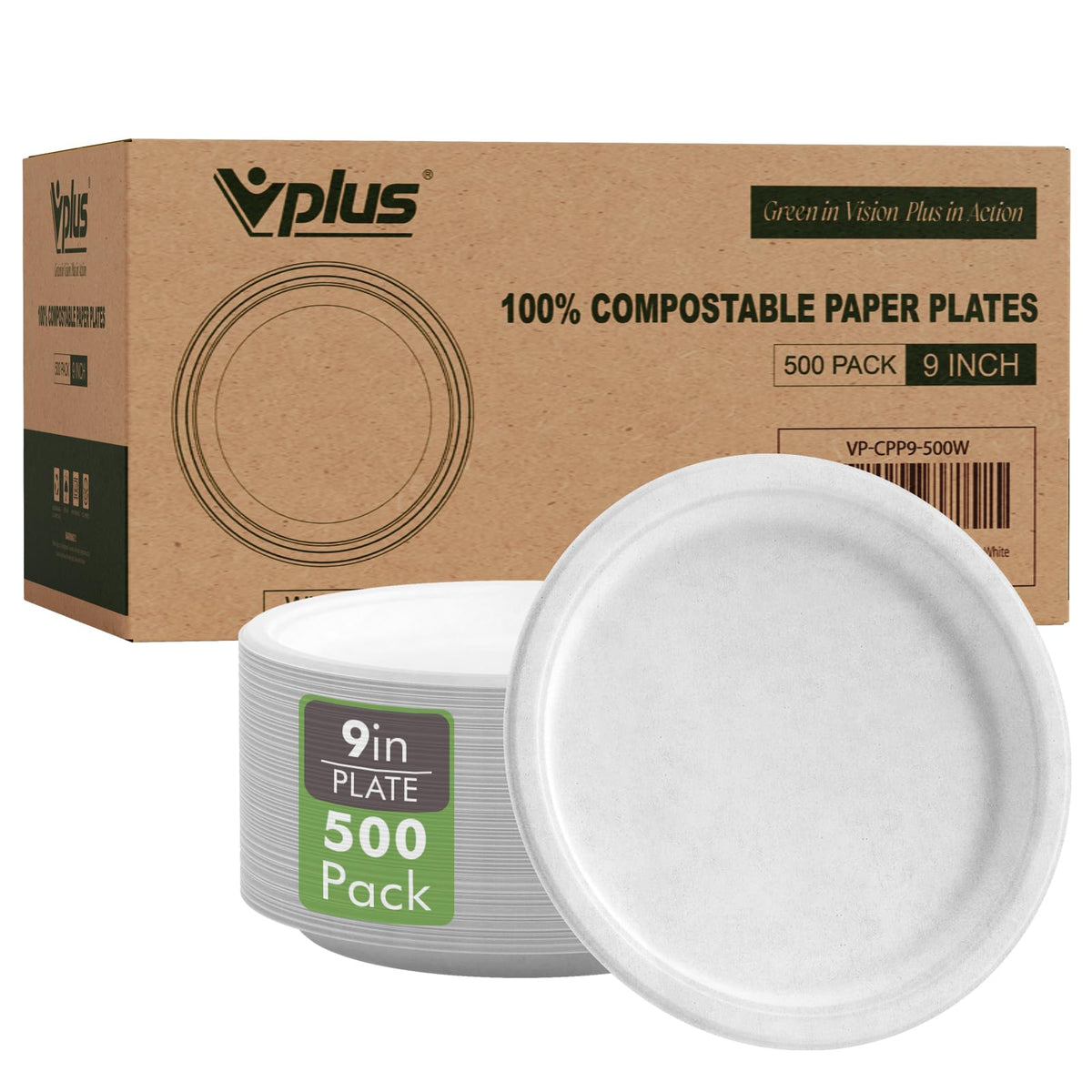 Vplus 500 Pack Compostable Bagasse Paper Plates 9 inch, White | Super Strong Paper Plates, 100% Bagasse, Natural Biodegradable, Perfect for Dinner, Gathering, and Picnic
