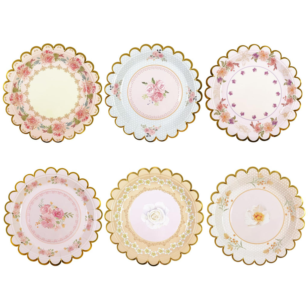 Xjoviative 48 PCS Vintage Floral Paper Plates 7 inch, Scalloped Flower Tea Party Plates Disposable Cake Dessert Plate for Birthday Bridal Shower Baby Shower Wedding Party Decorations (Floral)