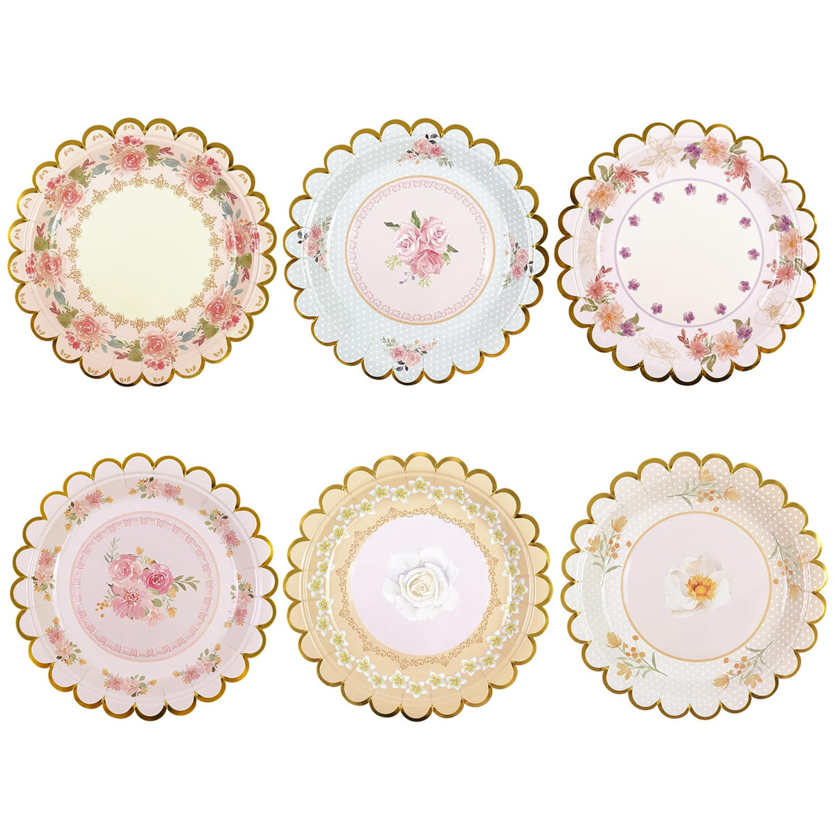 Xjoviative 48 PCS Vintage Floral Paper Plates 7 inch, Scalloped Flower Tea Party Plates Disposable Cake Dessert Plate for Birthday Bridal Shower Baby Shower Wedding Party Decorations (Floral)