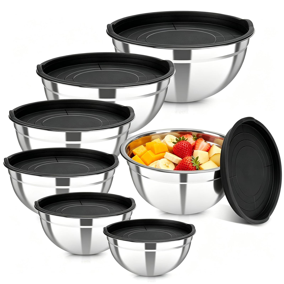 YJSLICT Stainless Steel Mixing Bowls with Lids, 7-Piece Nesting Bowl Set | 7 Sizes: 0.7–4.5 QT, Stackable Stainless Steel Mixing Bowls with Lids for Baking, Prep, Serving and Storage