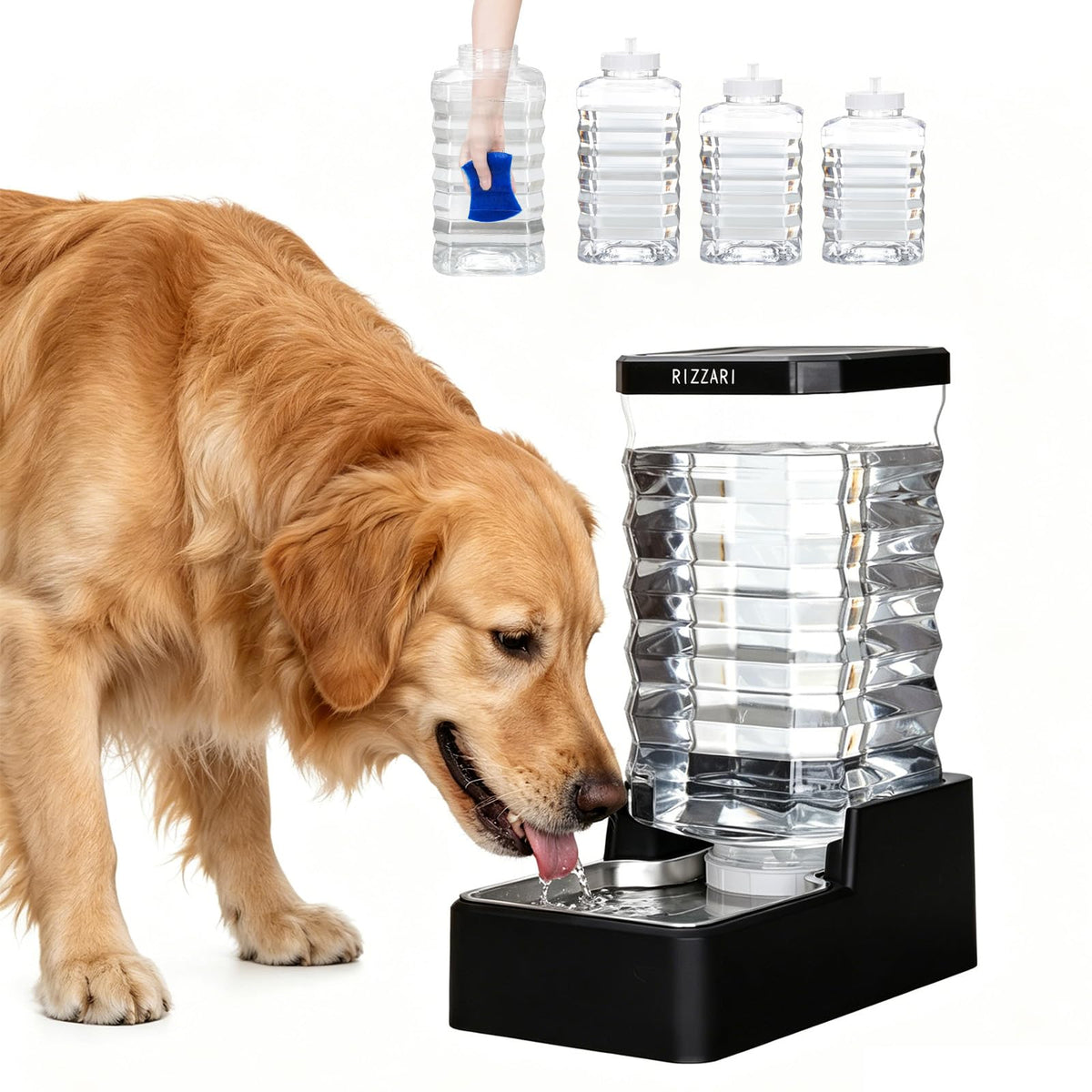 RIZZARI 2.64 Gallon Pet Water Dispenser: Filter-Free Wide Mouth Design | Stainless Steel Bowl / Dishwasher Safe / No Electricity / Stable Base / Multi-Pet Friendly / Low Maintenance
