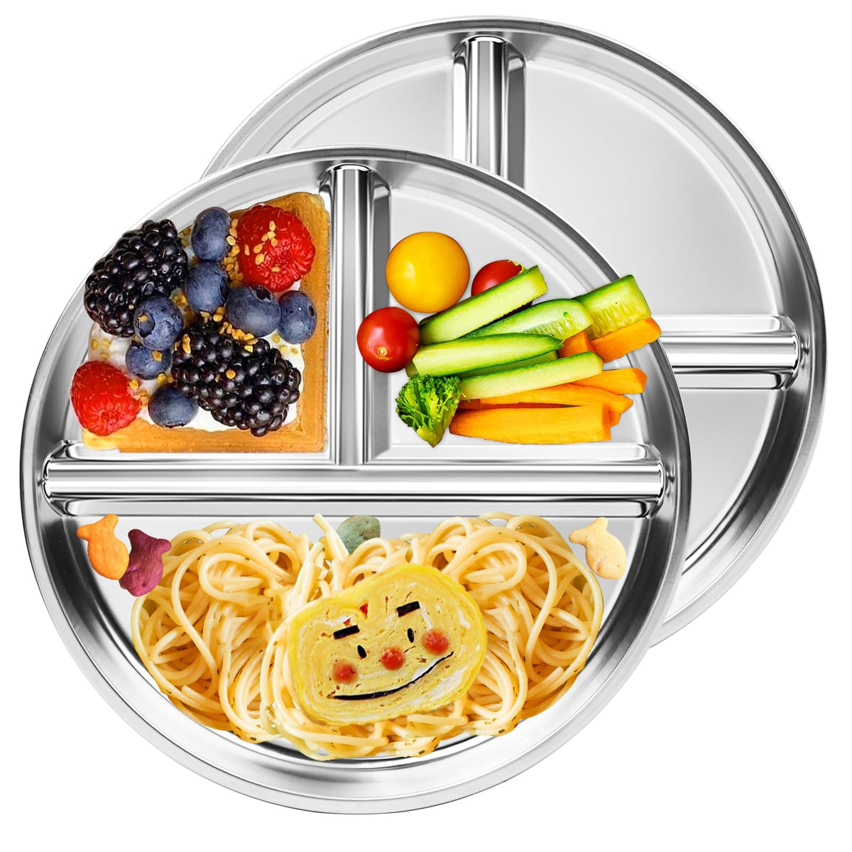 Bakpoco Stainless Steel Kids Plates 2 Packs, 9" Toddlers Divided Plates, Portion Control Plate for Bariatric Adults, Non Toxic Unbreakable Baby Dinner Dishes, 304 Metal Camping Food Tray