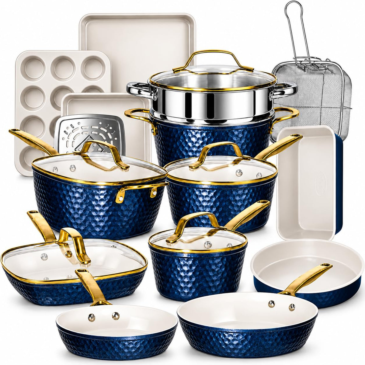 GOTHAM STEEL HAMMERED 20 Pc Titanium Ceramic Cookware Set, Diamond Infused