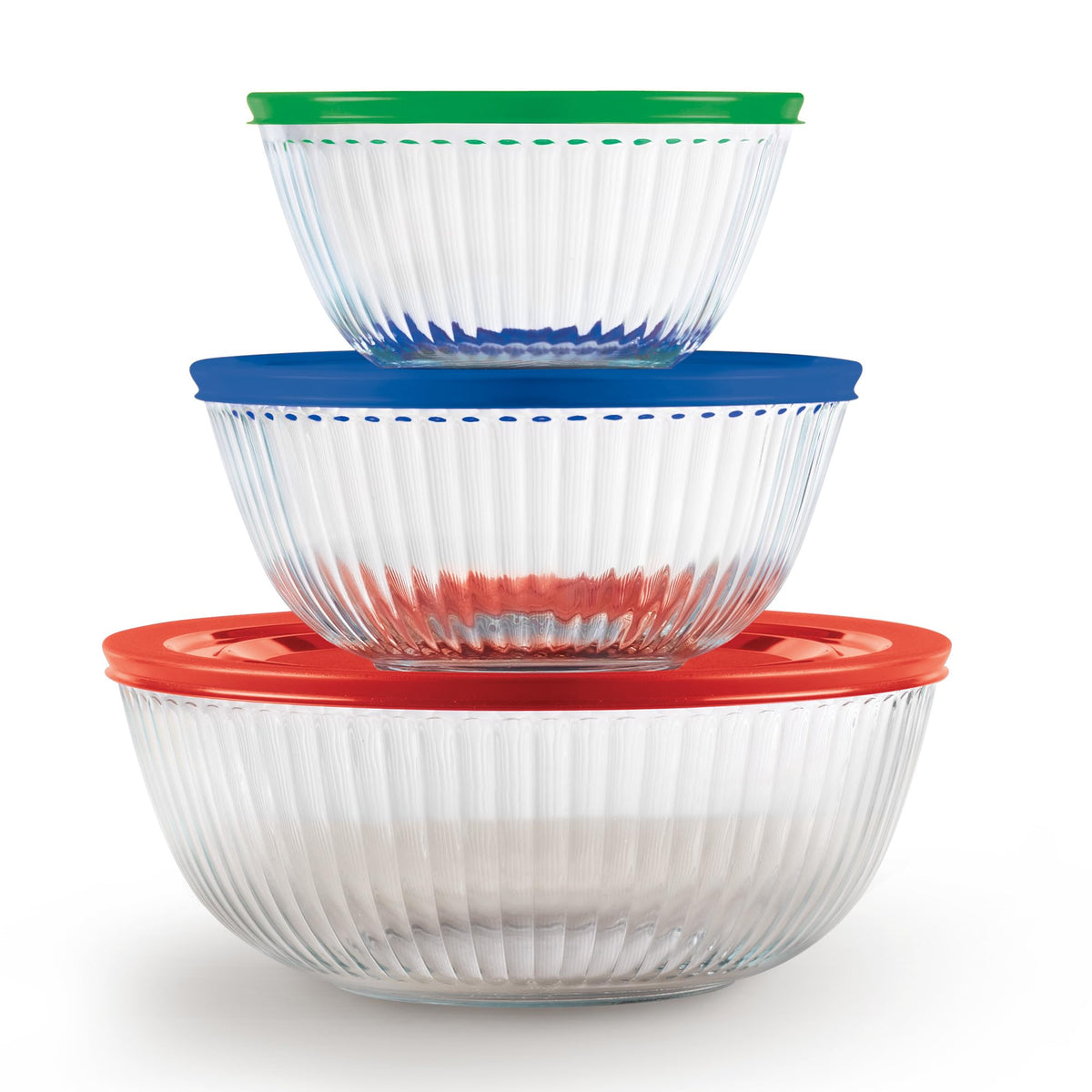 Pyrex Sculpted (3-Pack) Glass Mixing Bowls Set With Plastic Lids | For prepping, baking, & cooking, preheated oven, dishwasher, mircrowave & freezer safe