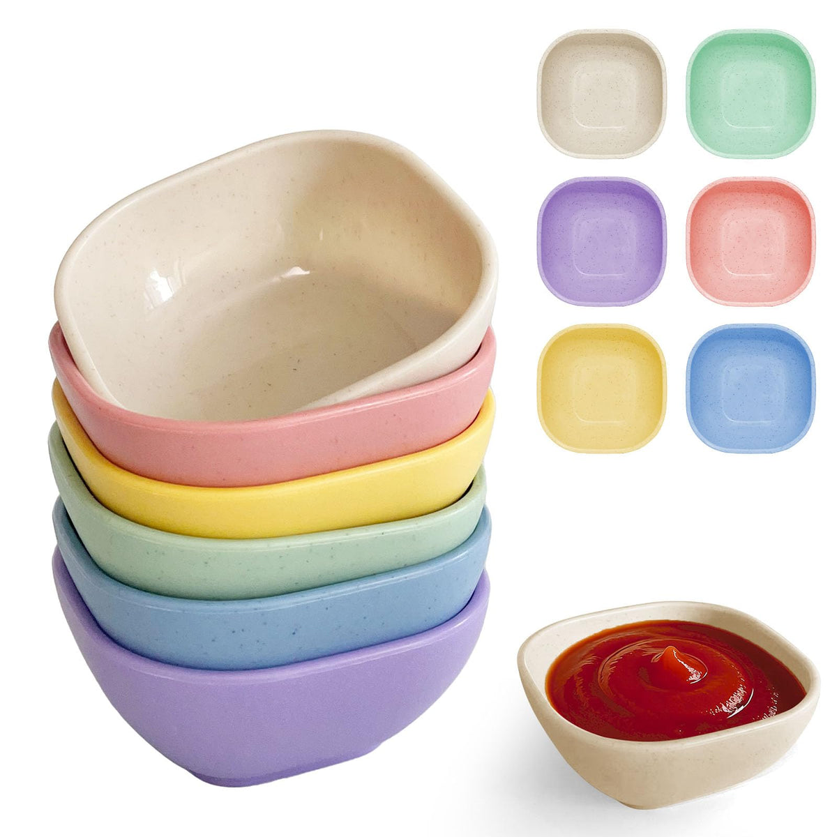 SHECIPIN 6 Pack Small Plastic Bowls 4.5 OZ Unbreakable Wheat Straw Dipping Bowls，plastic ramekins, Assorted Colors Dipping Sauce Cups, dip cups， Dessert, Ketchup