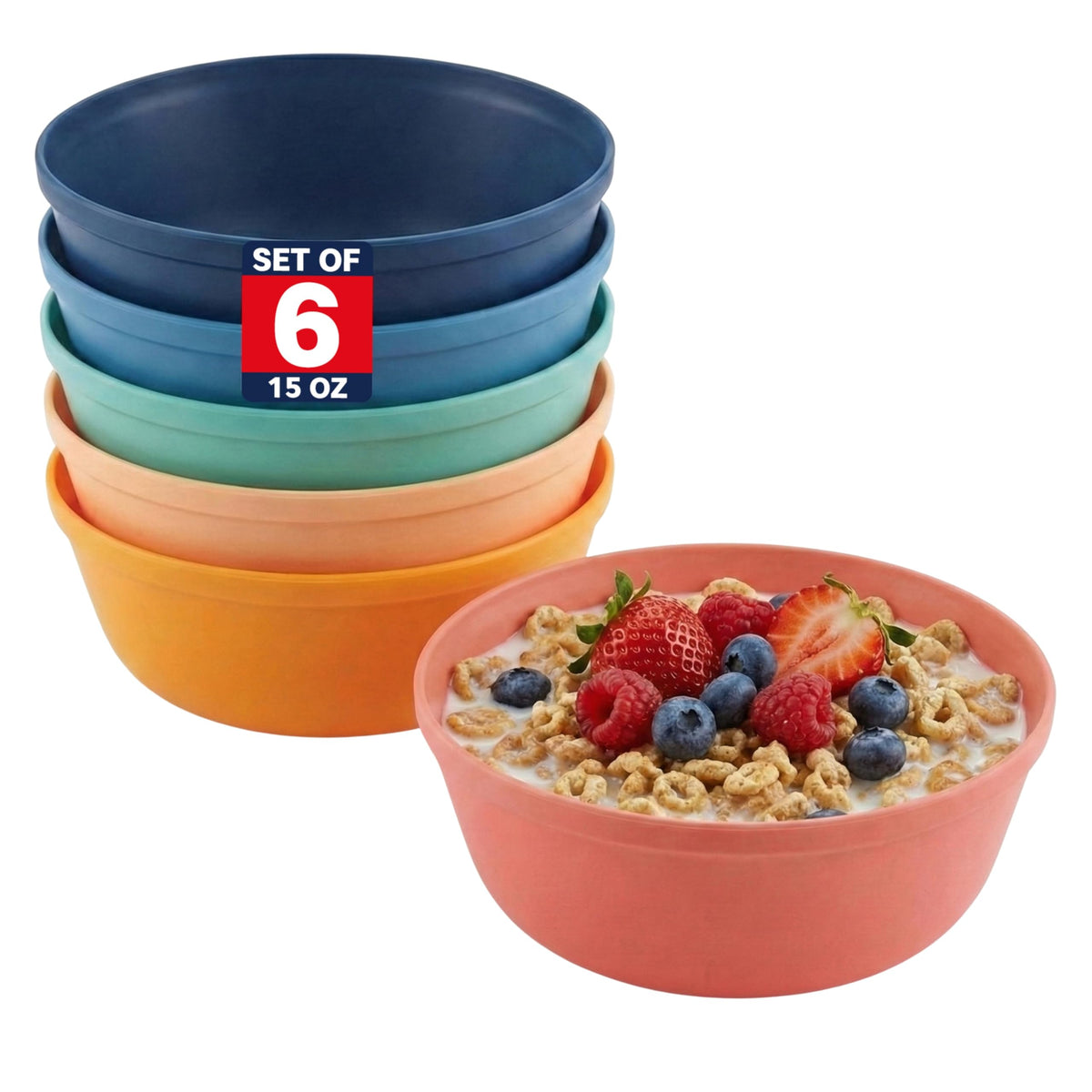 MASTERCOOK Plastic Bowls Set of 6 – 15oz Multipurpose Deep Plates Salad and Pasta Bowls Ideal for Home, Kids, Parties – Stackable Bowl for Kitchen – Non-BPA and Food Grade – Cute Colors