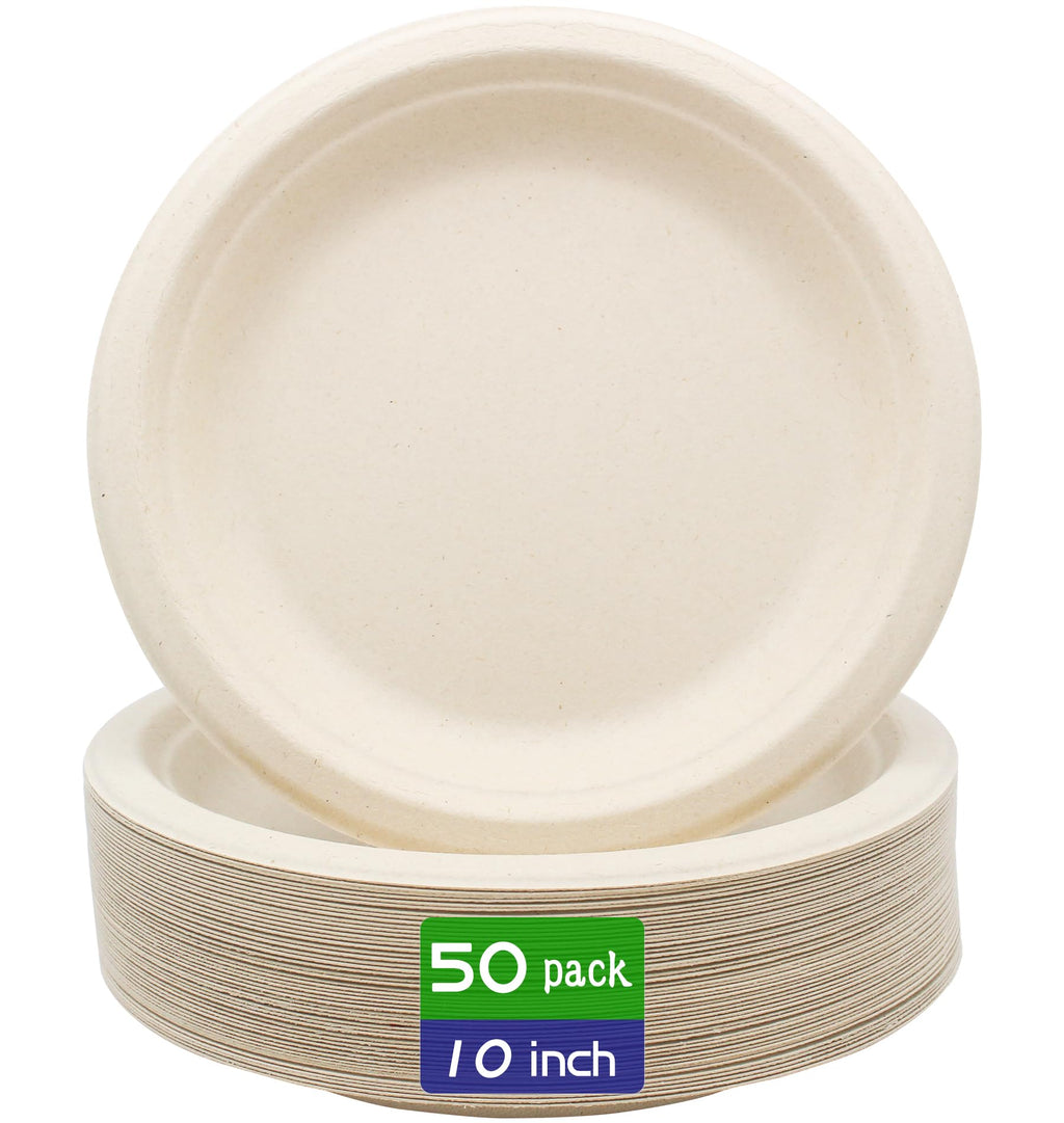 BLUE TOP 100% Compostable Disposable Paper Plates Heavy Duty Waterproof Plates-50 Pack 10 inch Eco-Friendly Plates, Natural Biodegradable Sugarca Bagasse Dinner Plates Unbleached Brown