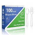100 Count Plastic Silverware Heavy Duty 50Forks50Spoons | Shatterproof BPA-Free Disposable Cutlery Heat Resistant Disposable Plastic Utensils for Catering & Events, Party Supplies