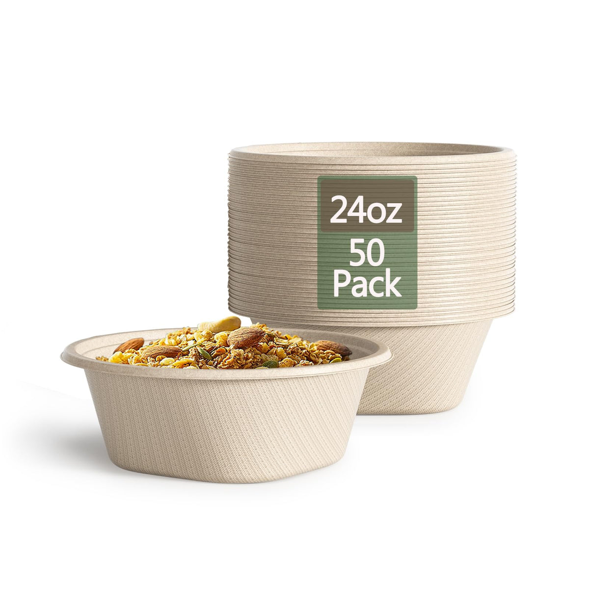24 Oz Disposable Paper Bowls - Heavy Duty Disposable Bowls - Made from Natural Bagasse - Disposable Bowls for Hot Soup, Salad, Dessert, and More [50 Pack]