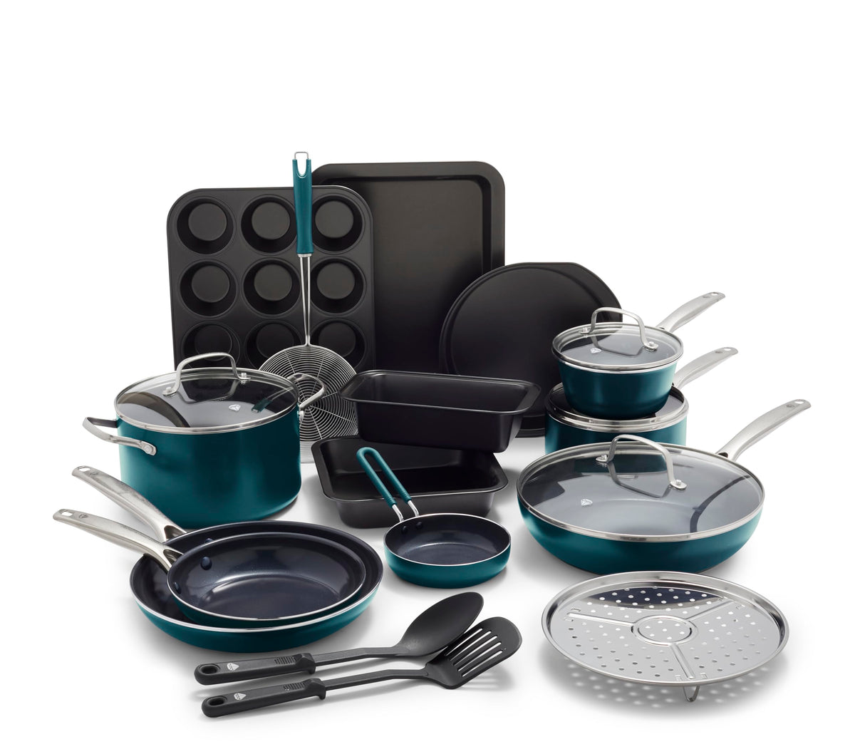 Blue Diamond 20 Piece Cookware and Bakeware Set, Diamond Infused PFAS-Free Ceramic Nonstick Pots and Pans, Durable Nontoxic Metal Utensil Safe & Scratch Resistant, Dishwasher & Oven Safe, Green