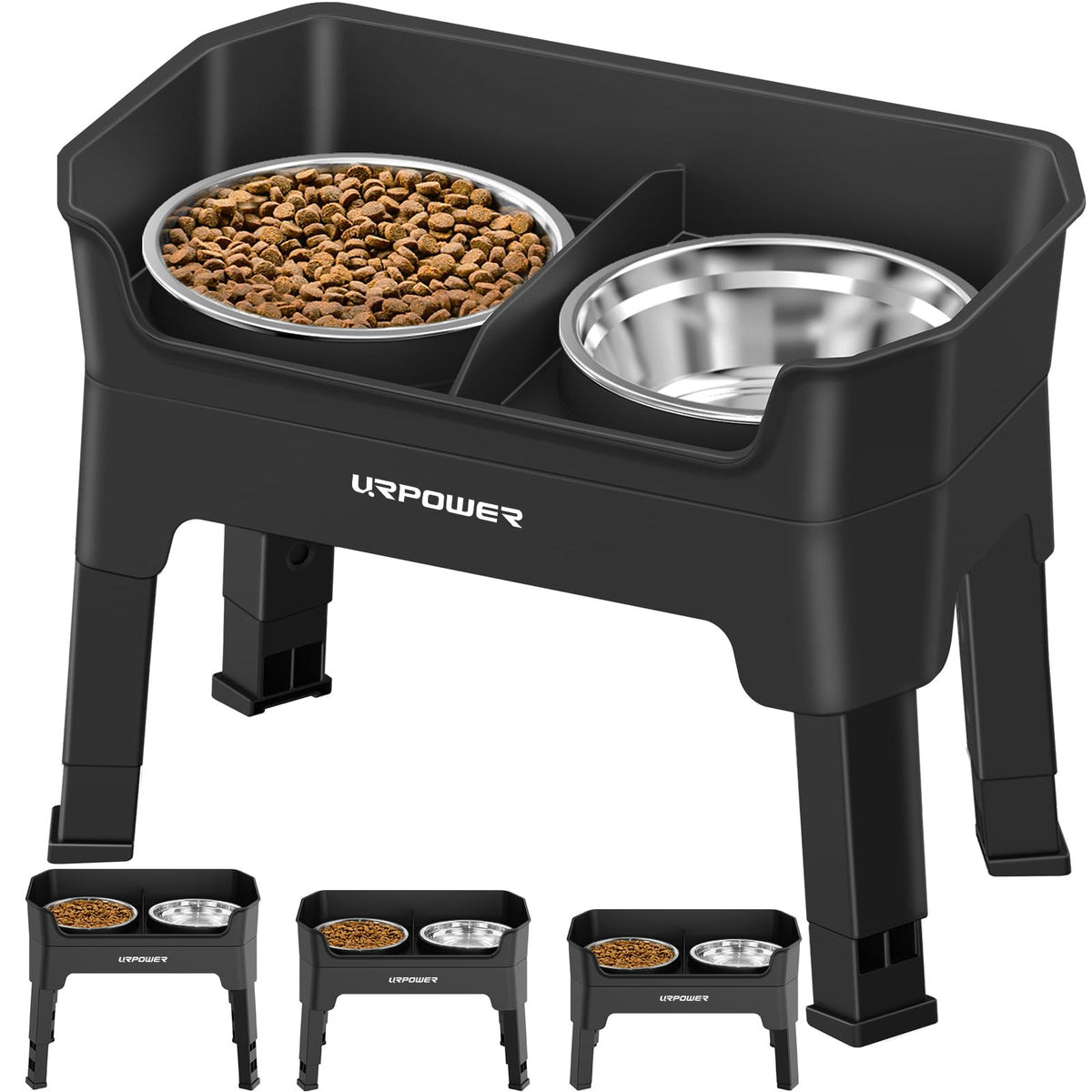 URPOWER Elevated Dog Bowls, 3-in-1 Double Deck Raised Dog Bowl Stand | 4 Adjustable Heights, 2 Stainless Steel Food Bowls, Mess Proof Licking Plate, Foldable Stand for Small, Medium & Large Dogs
