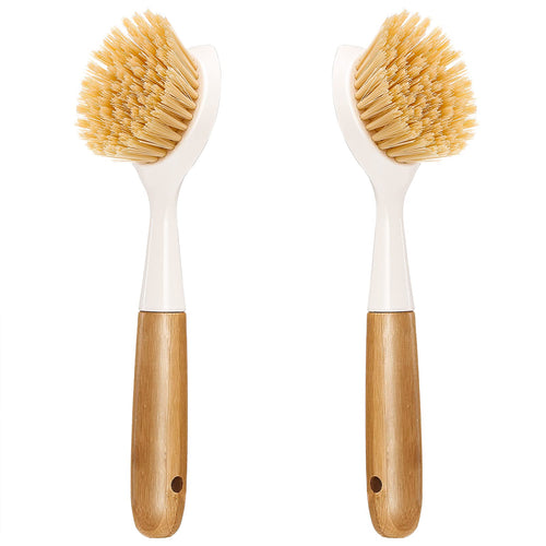 2 Pack Kitchen Dish Brush Bamboo Handle Dish Scrubber Built-in Scraper | Scrub Brush for Pans, Pots, Kitchen Sink Cleaning, Dishwashing and Cleaning Brushes are Perfect Cleaning Tools, White