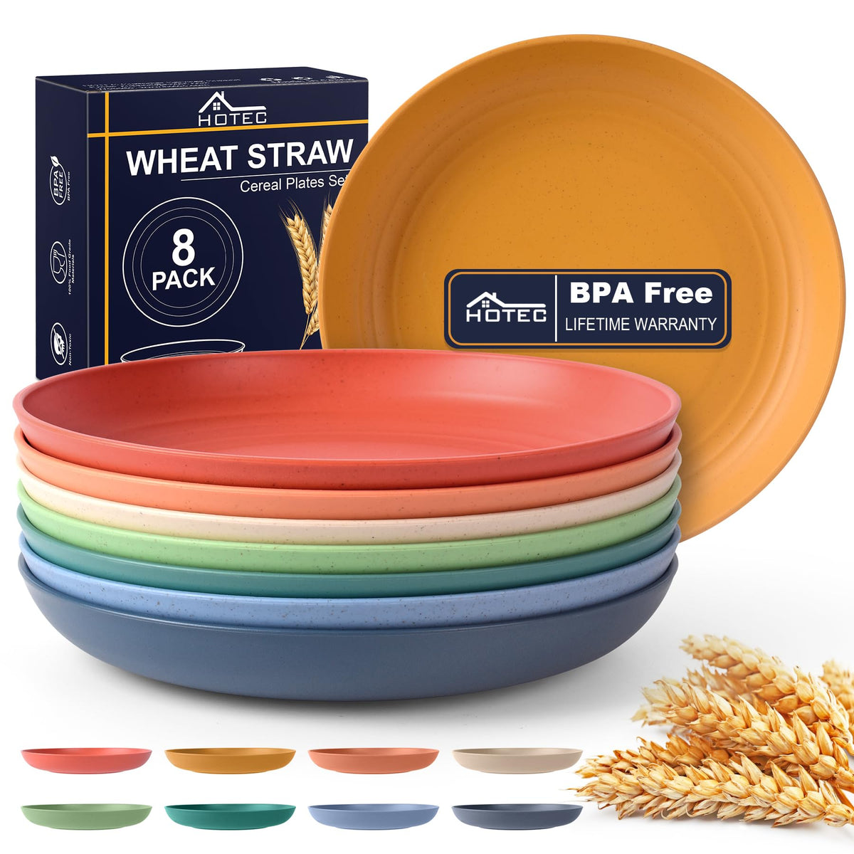 HOTEC 8-Pack 8inch Deep Plastic Plates,Multicolor | BPA Free, Unbreakable, Dishwasher Safe, Wheat Straw Camping Plates