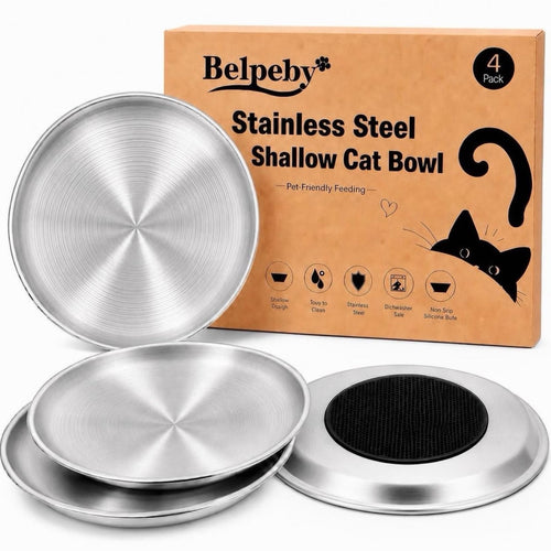 Belpeby 4 Pack Stainless Steel Shallow Cat Bowls，Whisker Safe Cat Plates | 4PCS 6.7 inch Metal Flat Shallow Wide Whisker Friendly Cat Food Water Feeding Bowl Dishes,Non Slip Dish for Wet Food