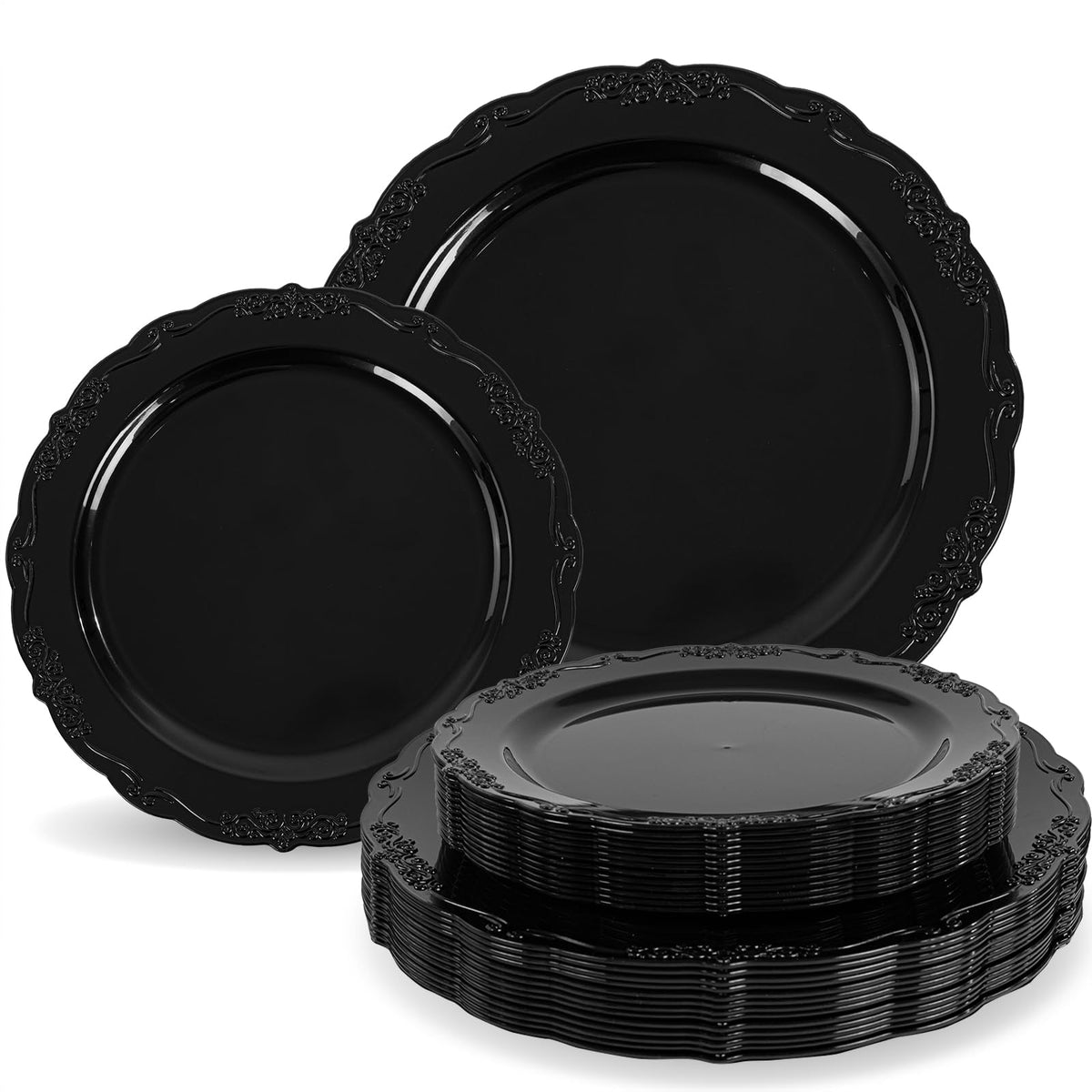 Tinybee 60PCS Black Plastic Plates - Halloween Black Disposable Plates | Elegant Plastic Plates for Wedding, Birthday and Party, Including 30 Dinner Plates 10 '' & 30 Dessert Plates 7.5 ''