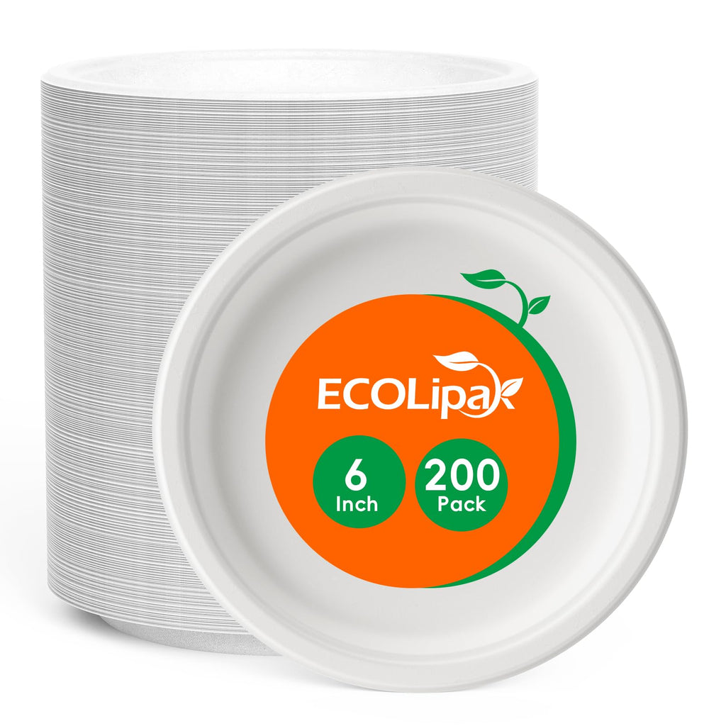 ECOLipak 6 in 200 Pack White Disposable Compostable Dessert Paper Plates | Heavy Duty, Biodegradable, Made of Eco-friendly Sugarcane Bagasse, Ideal for Dinner, Picnic, Appetizer, Birthday, Daily use