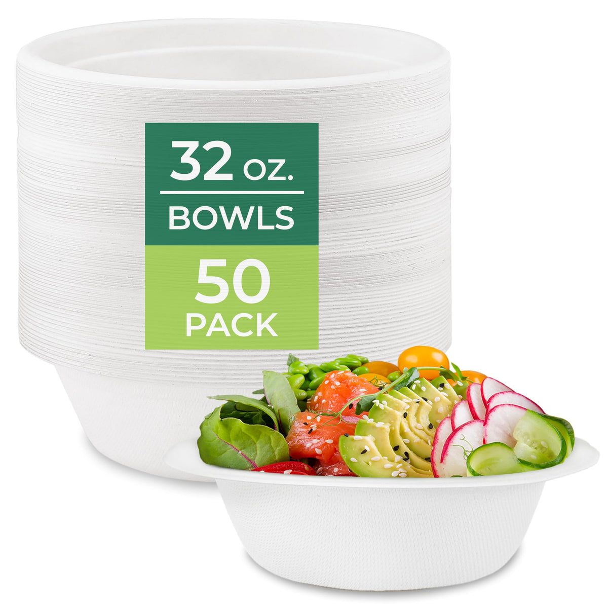 Freshware Paper Bowls - Disposable 32 oz Soup Bowl, 50-Pack Biodegradable Sugarcane Fiber Serving Bowls - Heavy Duty Bagasse for Hot Food Plates - Microwave & Freezer Safe, Stackable Dinnerware