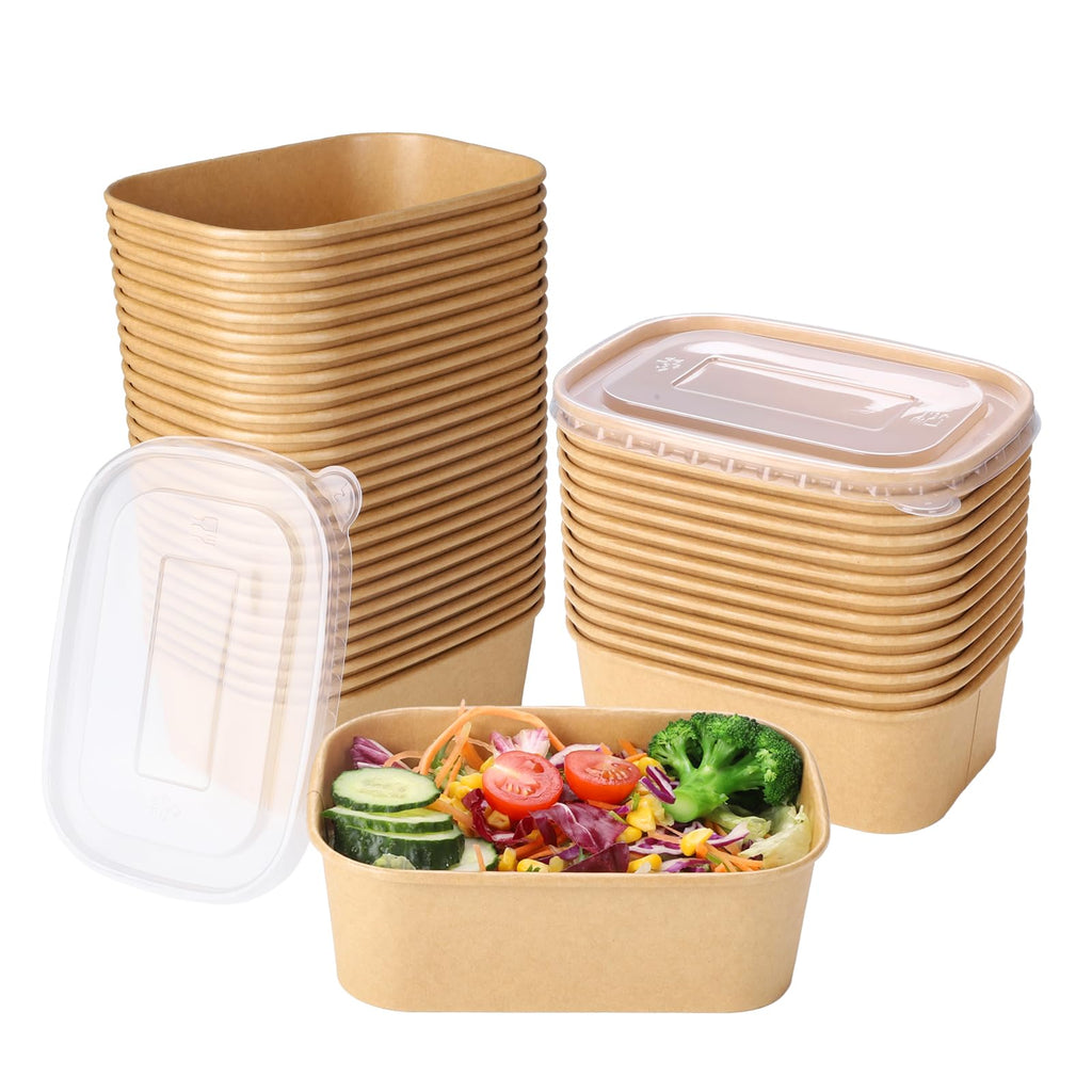 Belinlen 50 Sets 25oz Disposable Kraft Paper Bowls with Lids, Rectangle | Paper Food Containers with Lids, Salad Bowls for Hot/Cold Food, Soup, Meal Prep, Ice Cream, Takeout, Party Supplies(750ml)