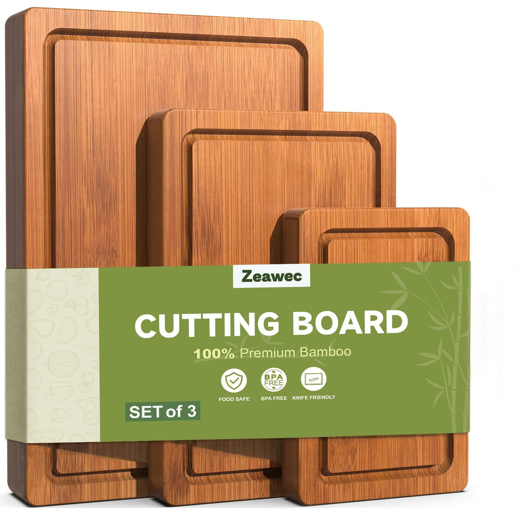 3-Piece Set Deep-Carbonized Bamboo Cutting Board for Kitchen, Carbonized | Crack-Resistant Wood Chopping Boards with Deep Juice Grooves, Pre-Oiled Butcher Block for Meat, Vegetables & Cheese