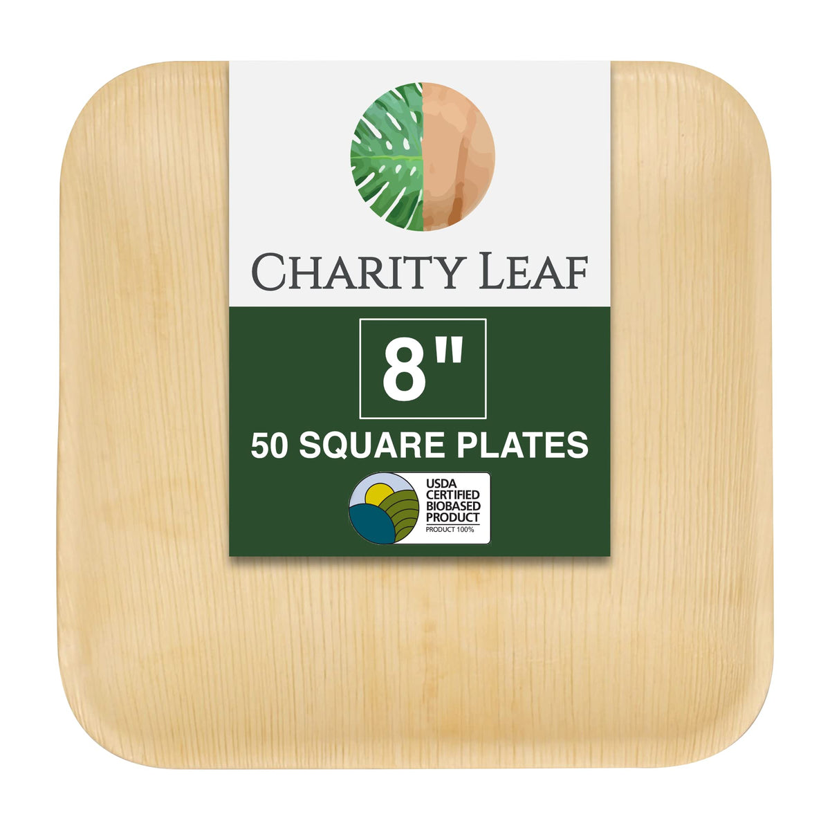 Charity Leaf 8" Square Disposable Bamboo Plates (50-pack) | Eco-friendly, Heavy Duty | For Parties, Weddings, BBQs & Catering