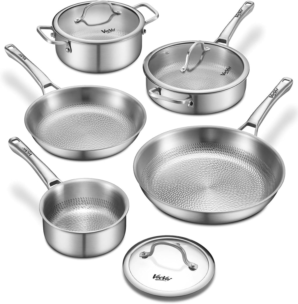 Titanium pans for cooking Non Stick with lid,8pcs Uncoated Hammered titanium pro frying pan, PFAS Free Cookware, Butter warmer skillet, Induction & Oven-Safe
