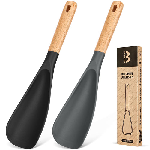 Badiano Silicone Cooking Spoon for Nonstick Cookwares, Multi-function,11.4" | Great for Cooking and Serving, Sturdy BPA-Free Matte Silicone, Wood Handle Spoon for Mixing, Scoop, and Scrape, Black & Grey