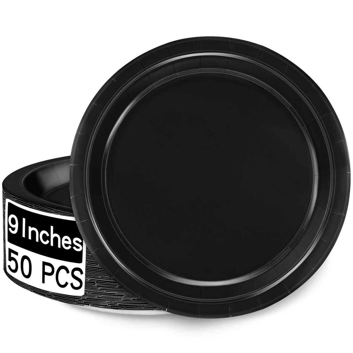 50 Pcs Paper Plates 9 Inches Black Plates, Disposable Party Tableware Set | Heavy-duty Dinner Plates, Round Party Plates for Wedding Birthday Decorations, Black Party Supplies for Daily Meals Picnic