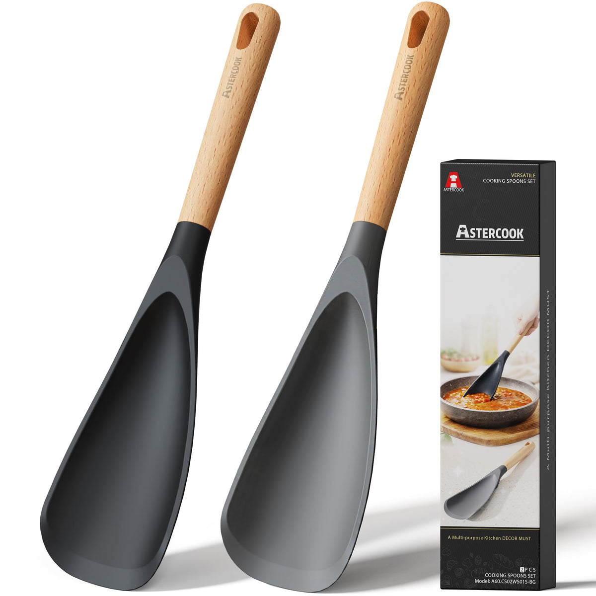 Astercook Cooking Spoon, 2 Pack, Nonstick Safe Silicone Spoonula Spatula | Long Wooden Handles, Heat Resistant, BPA-Free, Built-in Spoon Rest, Spatula Spoon For Stirring, Scooping, Scraping & Serving