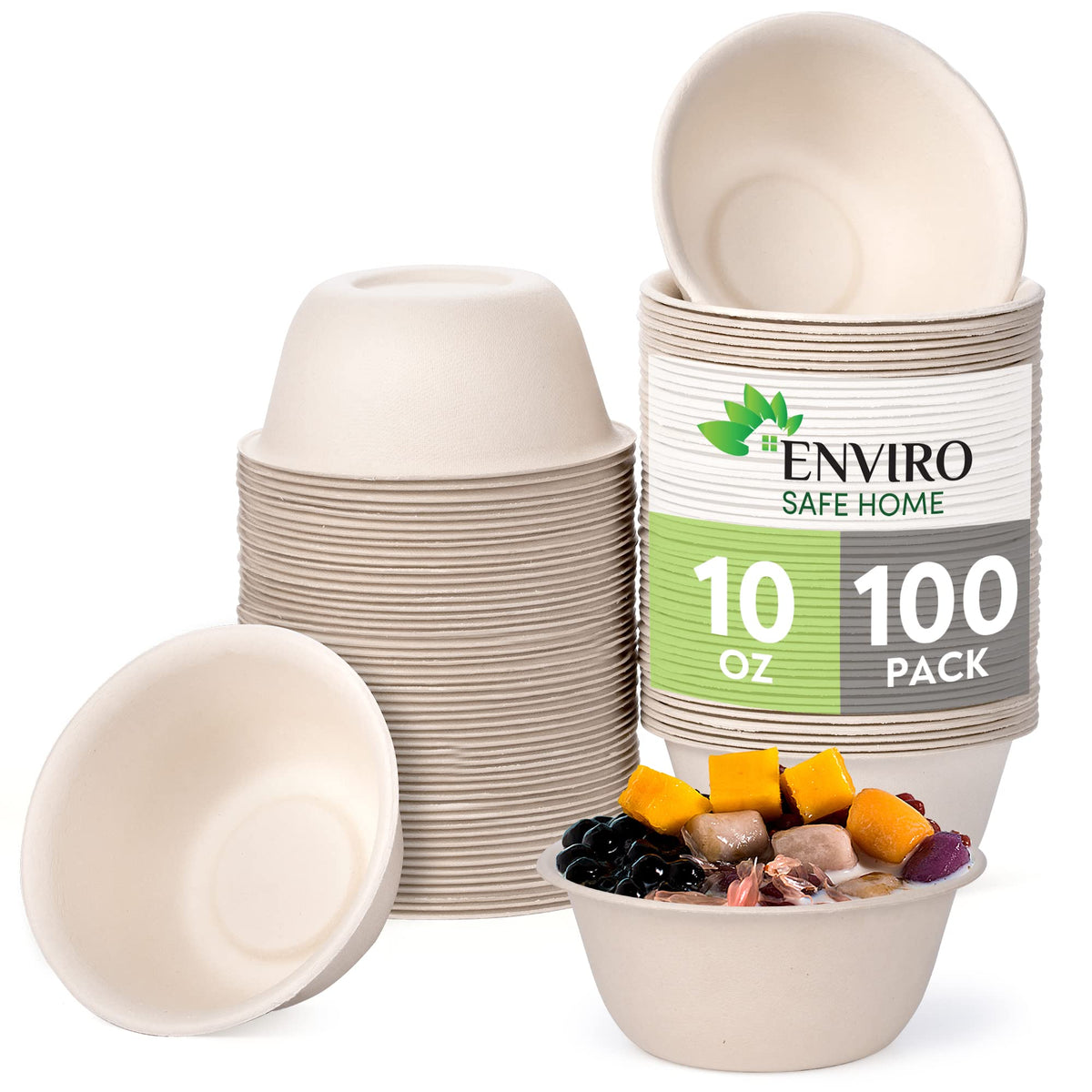 Enviro Safe Home 10 oz Bamboo Disposable Soup Bowls, 100 Pack, Heavy Duty | Sturdy bowls, Won't Leak or Get Soggy - Microwave & Oven Safe - Great For Hot Soup, Snacks & Small Portions - Plastic-free