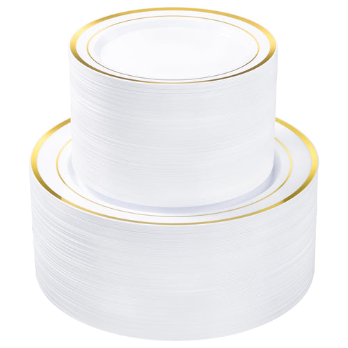 BESTVIP 200PCS Gold Plastic Plate, Disposable Party Plates | 100 Dinner Plates and 100 Dessert Plates, Plastic Plates for Party, Wedding and Birthday