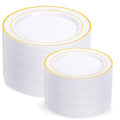 I00000 200 Pcs Gold Plastic Plates, Premium Disposable Gold Plates | Gold Rimmed Plastic Plates, BPA Free, Perfect for Wedding, Birthday, Holidays, Party, 100 Dinner & 100 Dessert Plates