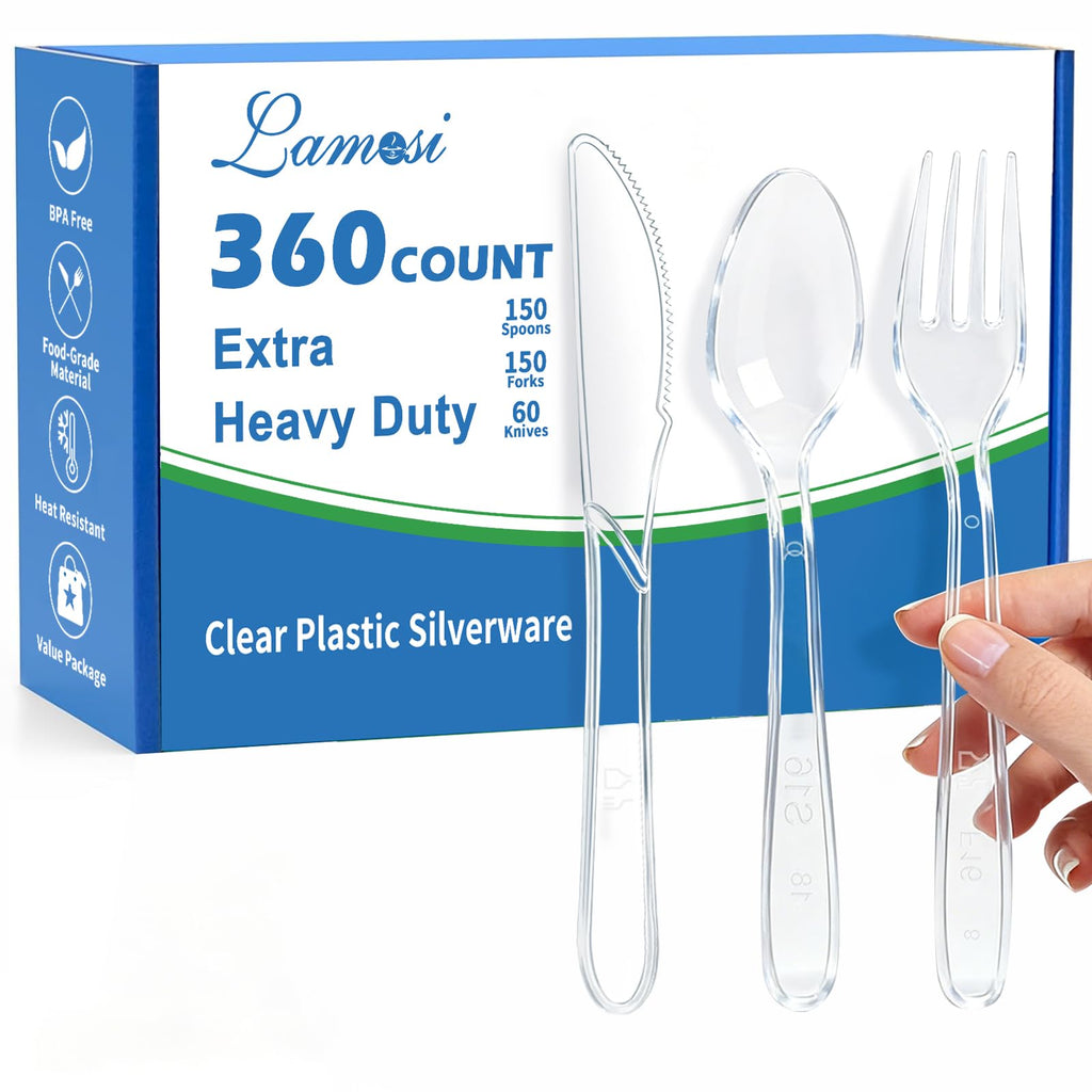 Lamosi 360 Count Extra Heavy Duty Clear Plastic Forks, Spoons, Knives | 150 Forks, 150 Spoons, 60 Knives Disposable Plastic Silverware Set, BPA-Free, Heat Resistant for Weddings, Parties & Events
