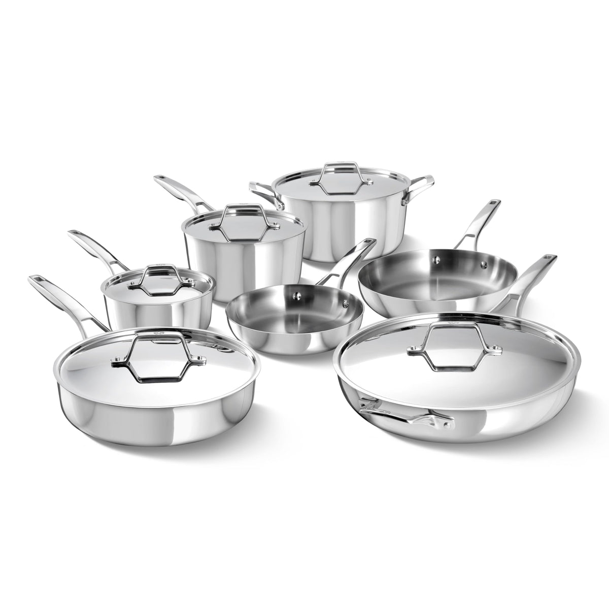 Calphalon Premier Polished 5-Ply Stainless Steel Cookware Set w/Turbo Heat Tech 12 Piece Includes Frying Pans, Pots and Pans Set, Induction, Oven Safe 500F, PFOA Free, Polished Stainless Silver